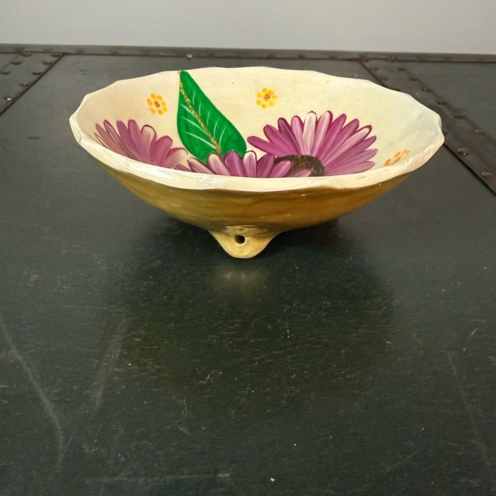 Vintage Small Pottery Multi Colored Footed Floral Pattern Bowl